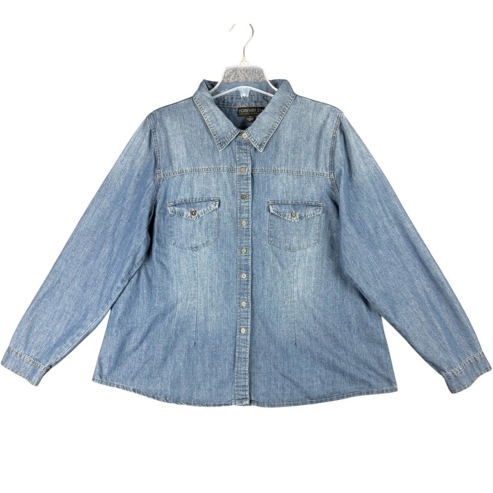 Forever 21+ Women's 3X Blue Denim Button Down Shirt Light Wash Long‎ Sleeve Top
